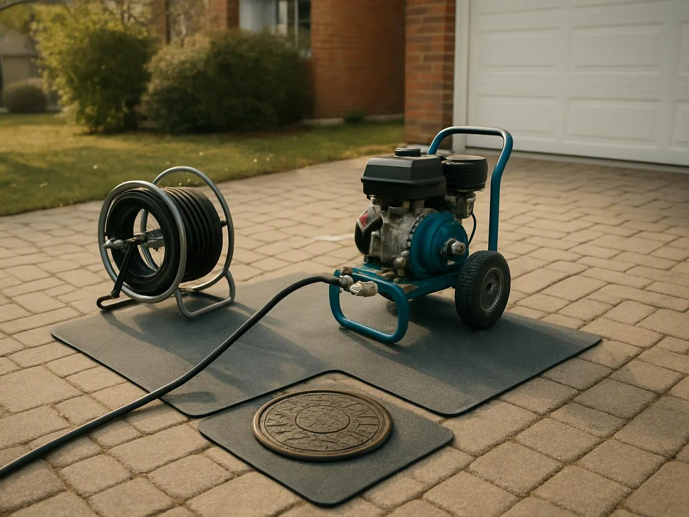 A pressure washer and hose reel sit on mats beside a driveway manhole cover outside a house
