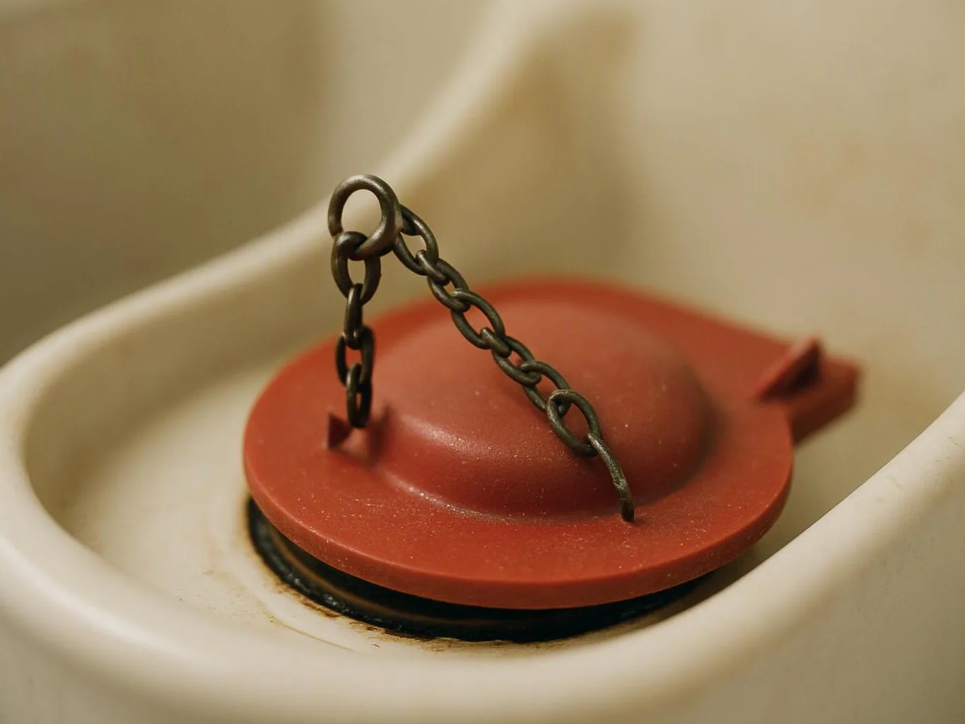 A red drain plug with a small chain rests in a white ceramic sink basin