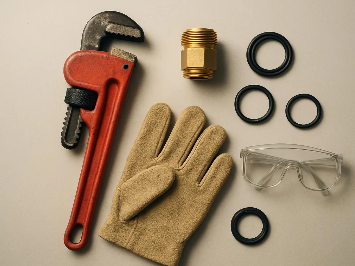 A red pipe wrench, gloves, safety glasses, brass fitting, and black O-rings are laid out on a plain surface
