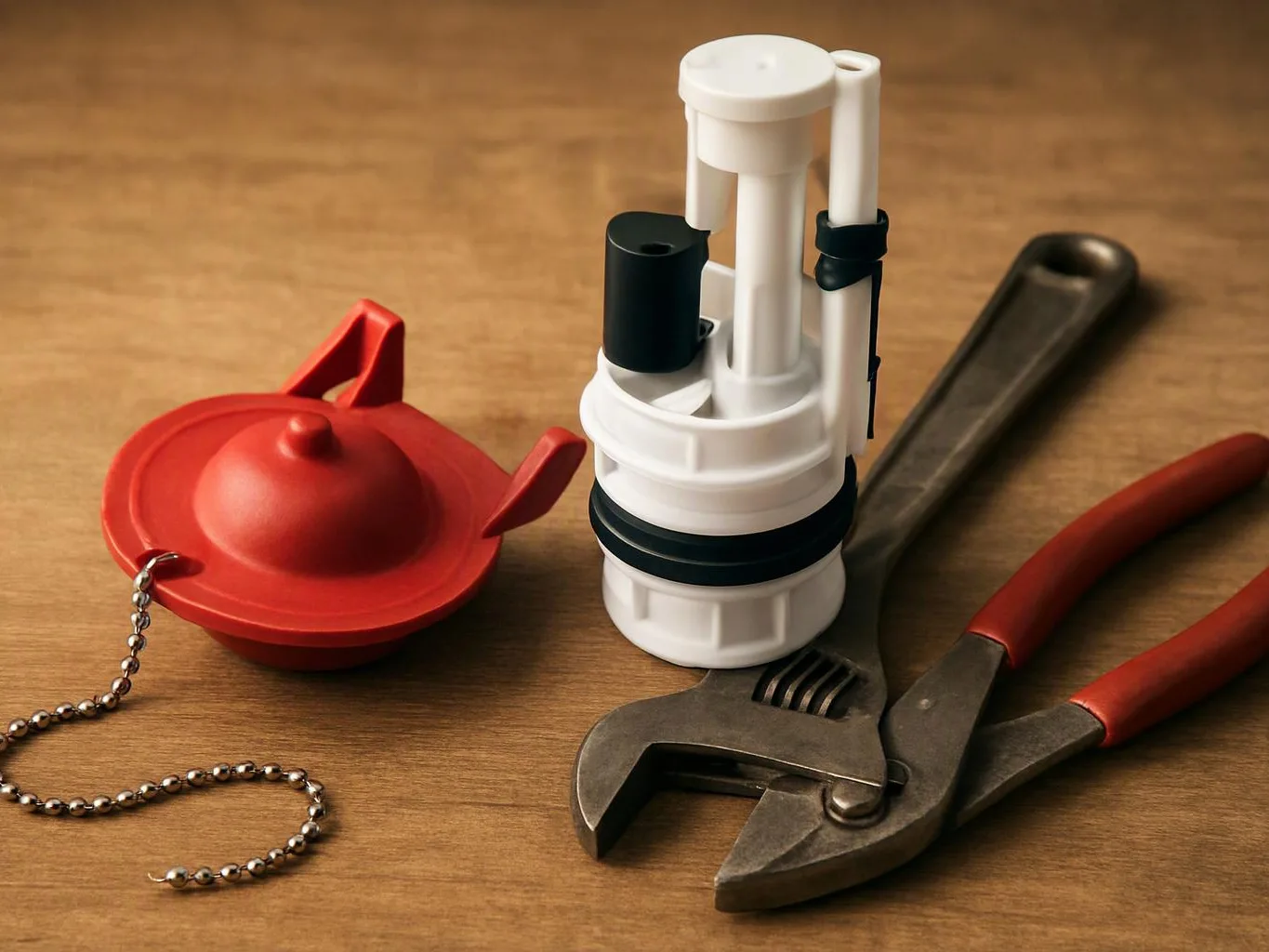 Red and white plumbing parts lie beside adjustable wrenches on a wooden table