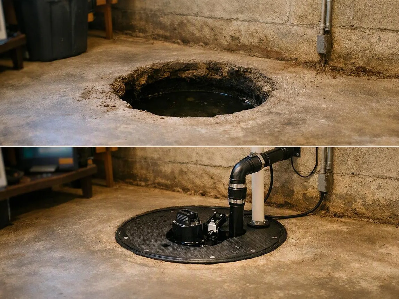 A rough basement floor hole is shown before and after a black pump cover and pipe are installed