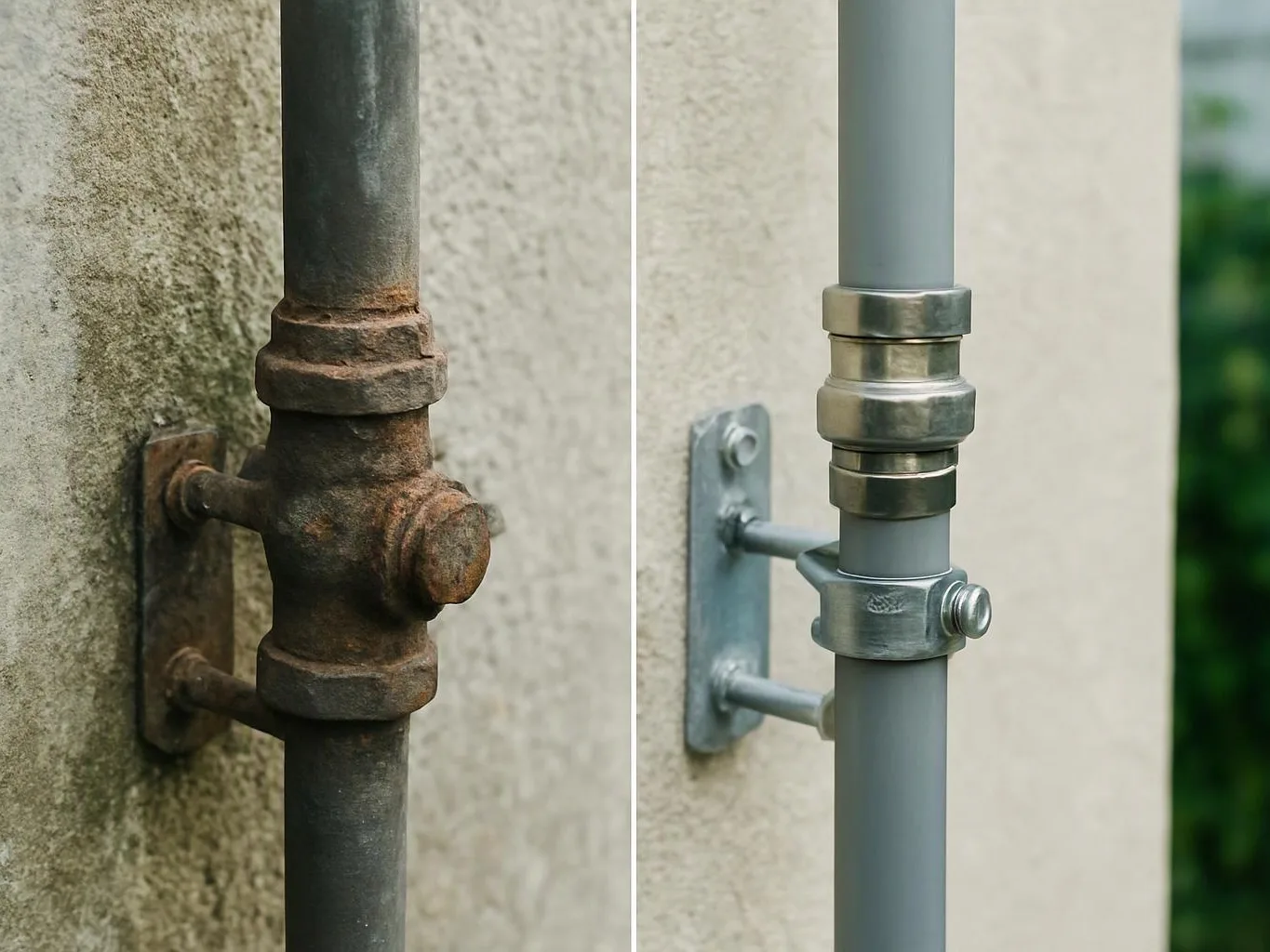A rusted pipe and a new metal pipe are mounted side by side on a wall split into before and after views
