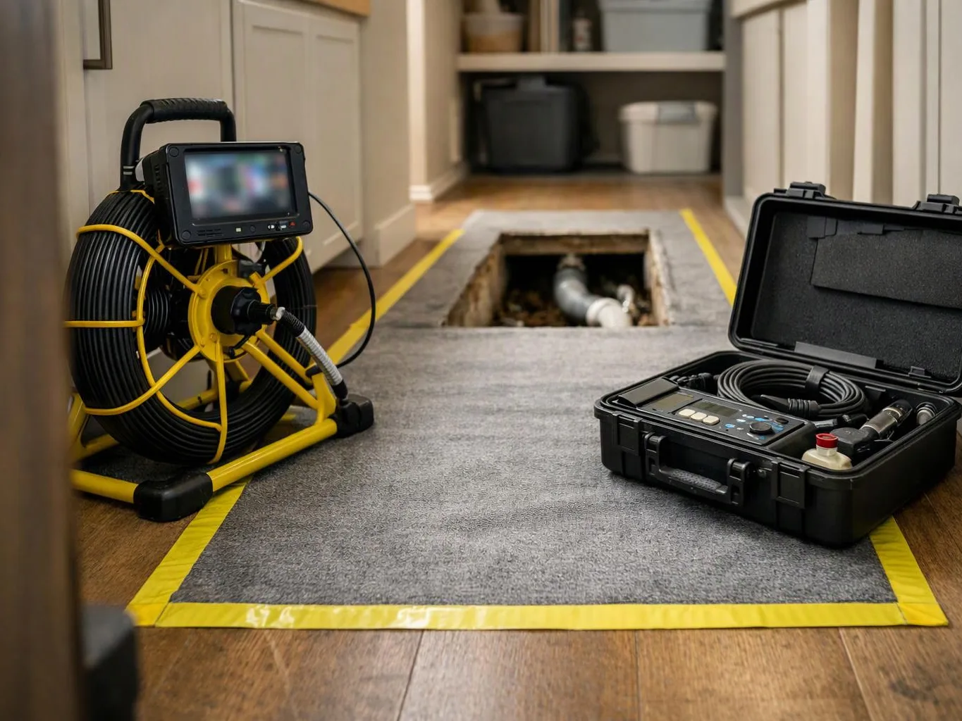 A sewer inspection camera and open equipment case sit beside a floor cutout inside a hallway