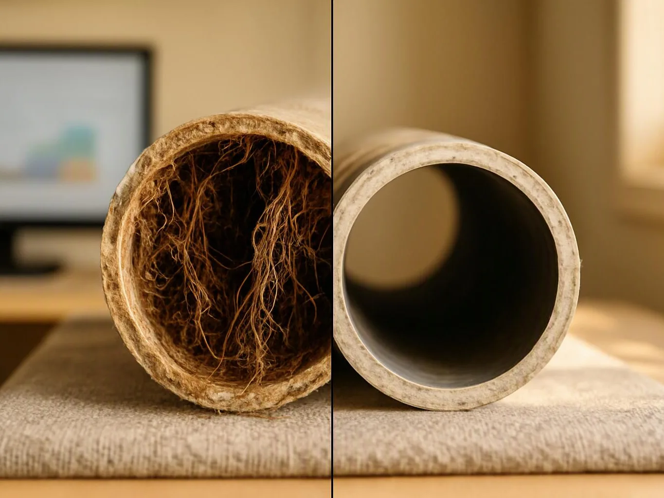 Side-by-side close-up of two pipe openings on a table, one clogged with brown fibers, one empty