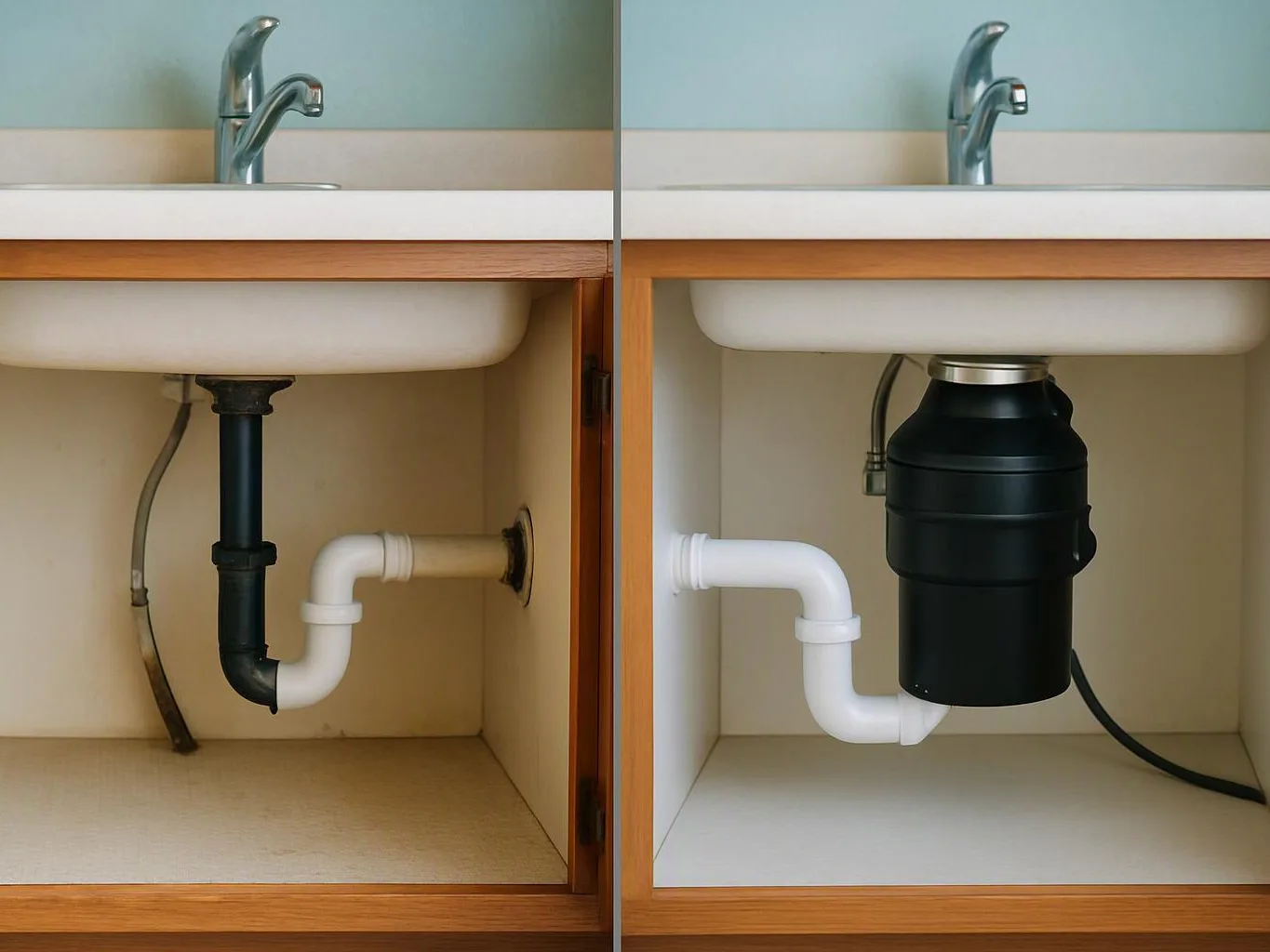 Side-by-side sink cabinets show old and new plumbing under a white basin with a chrome faucet