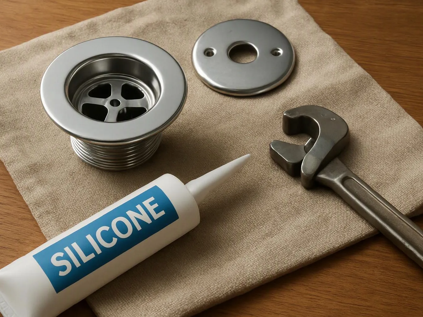 A sink drain, cover plate, wrench, and silicone tube rest on a beige cloth over a wooden surface