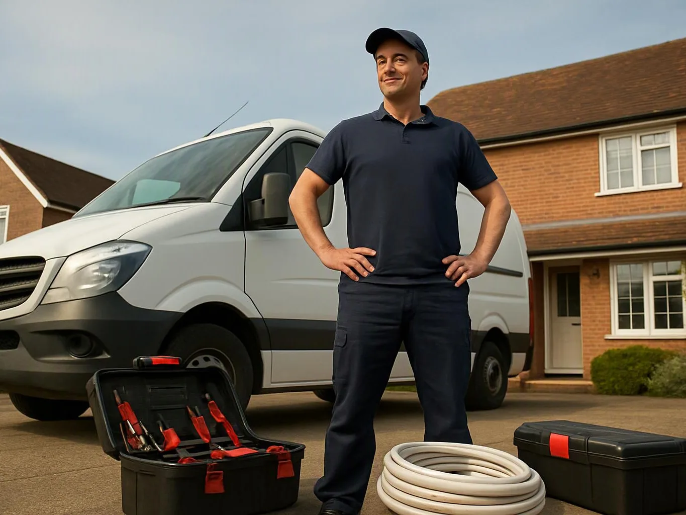 A smiling man in a cap stands beside a white van and open tool cases on a suburban driveway