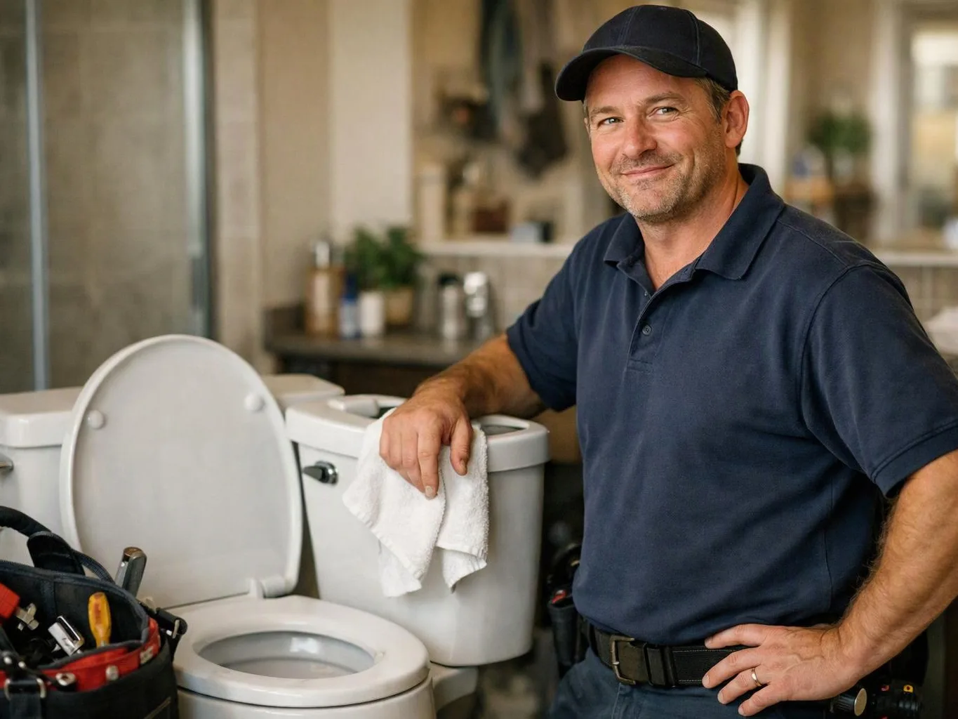 A smiling man in a navy cap and polo stands beside an open toilet, holding a cloth in a bathroom-like room