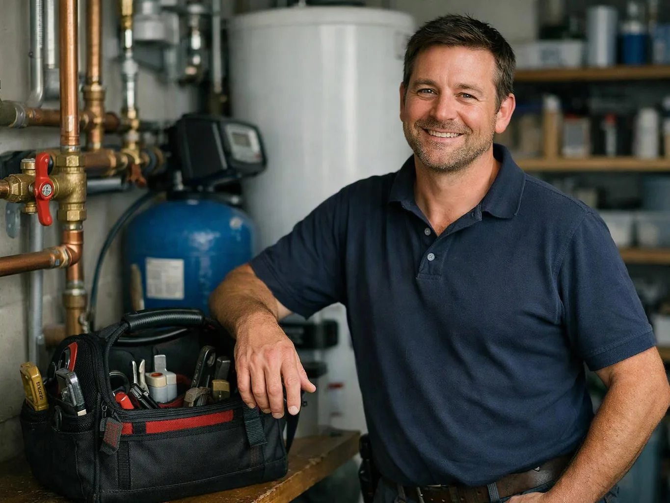 Smiling man in a navy polo stands beside a tool bag and plumbing equipment in a workshop