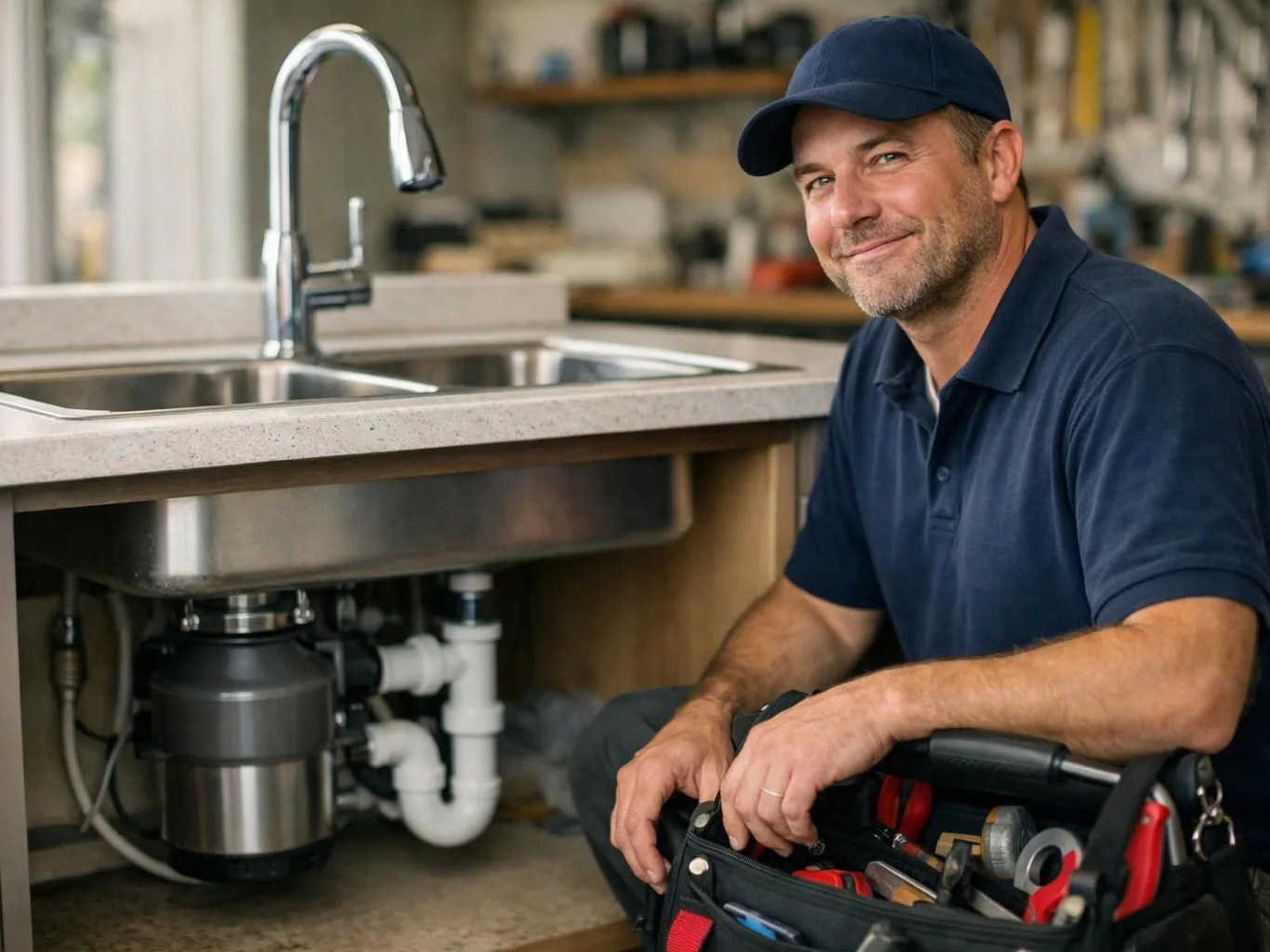 A smiling plumber kneels beside a sink, holding a tool bag under the counter in a workshop-like kitchen