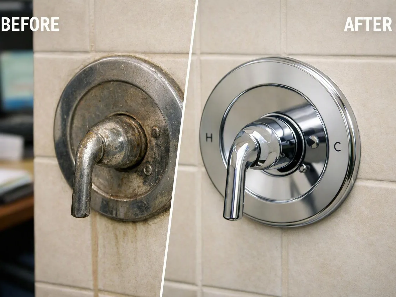 Split before-and-after image shows a corroded shower valve on the left and a shiny replacement on the right
