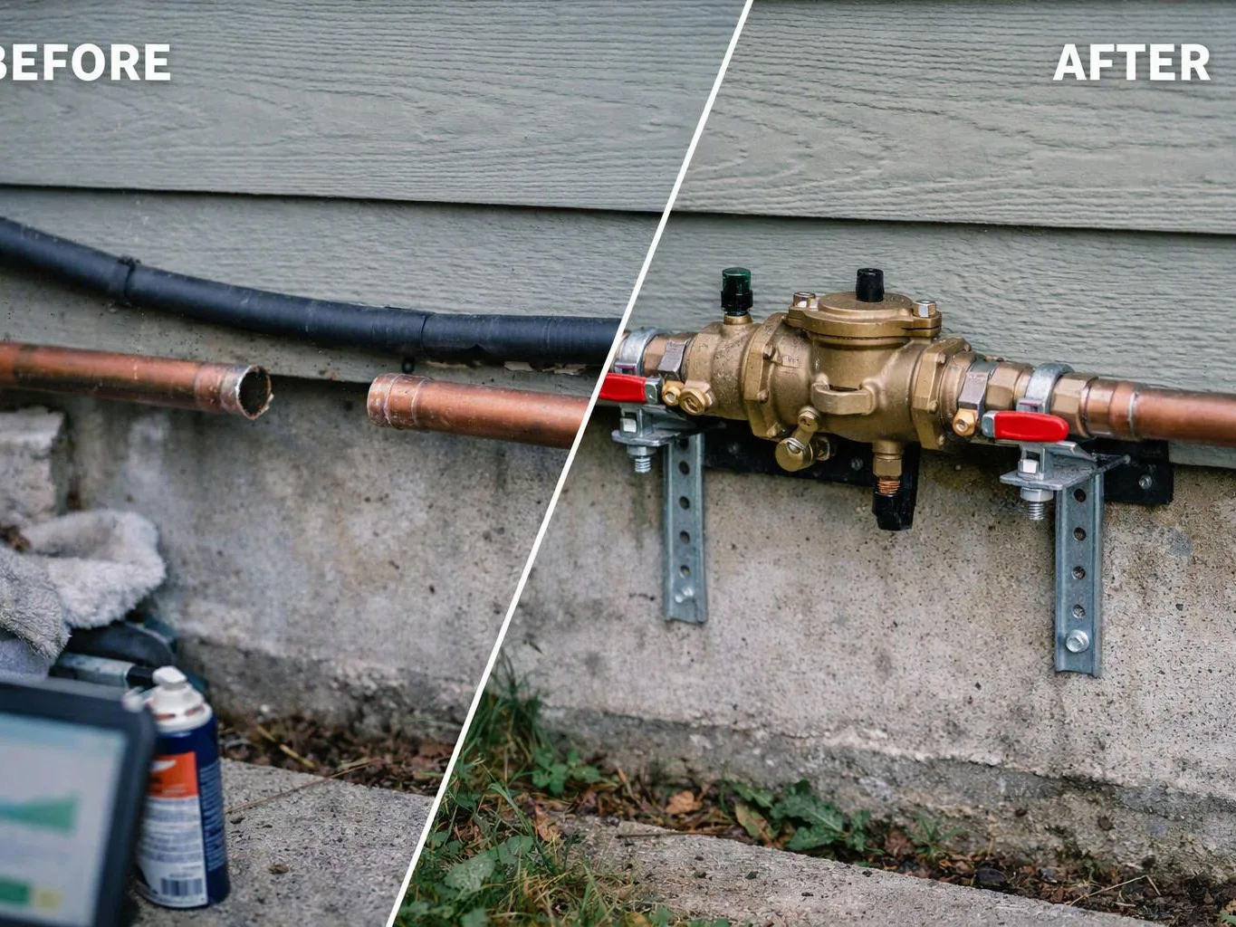 Split before-and-after view shows an outdoor copper pipe repair with a brass valve mounted on a concrete wall