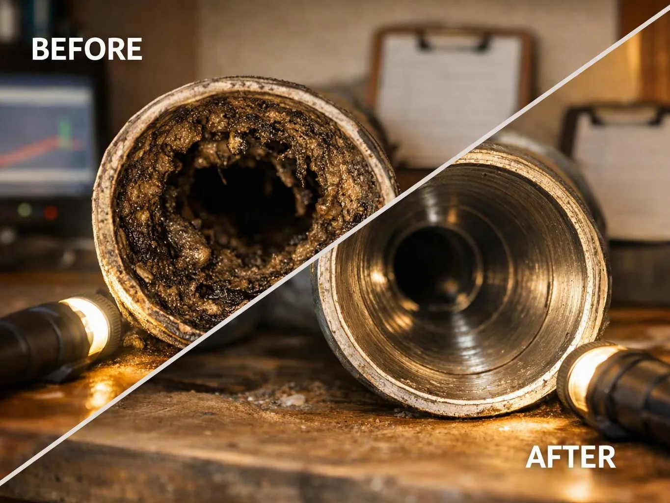 Split image shows a clogged pipe before and a clean metal pipe after on a workbench