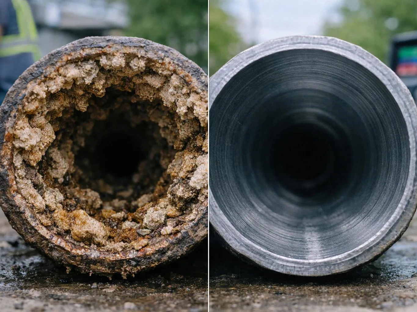 Split image shows a corroded pipe beside a clean pipe opening on wet pavement outdoors