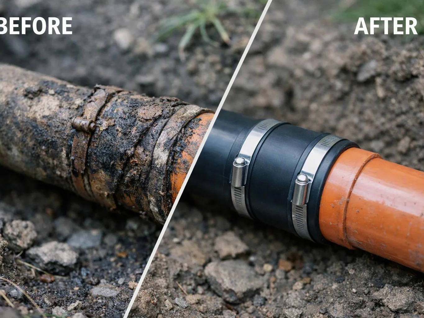 Split image shows a rusted pipe before repair and a cleaned orange pipe with metal clamps after repair