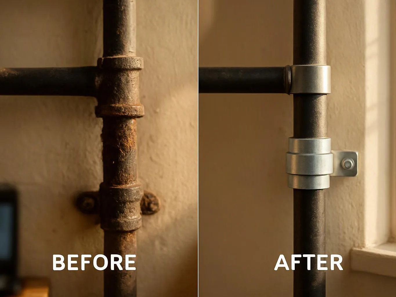 Split image shows a rusty pipe before and a clean metal pipe after beside a wall and window