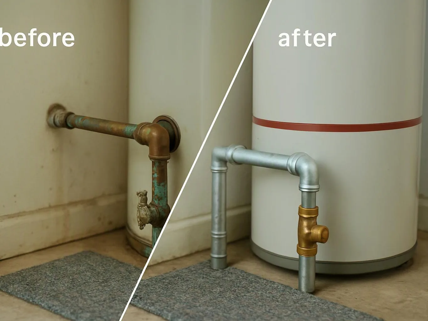 Split image shows a rusty pipe beside a white water heater before, and a cleaned silver pipe after