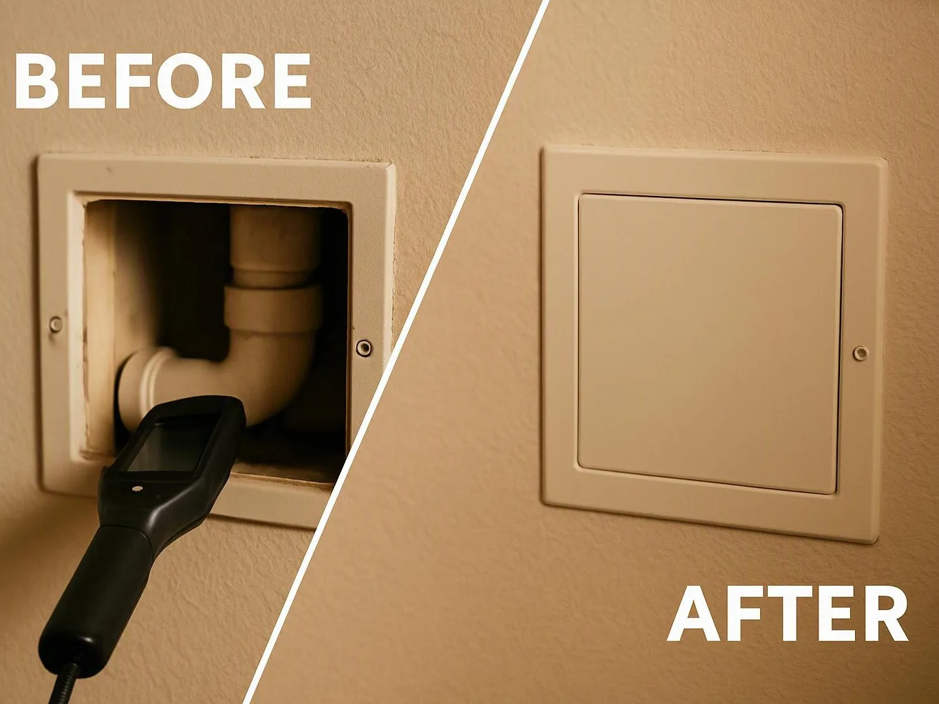 Split image shows a wall access panel before and after, with a camera inspecting pipes and then a closed cover