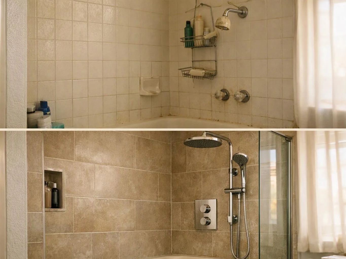 A split image shows a worn old tiled shower above and a modern beige tiled shower below