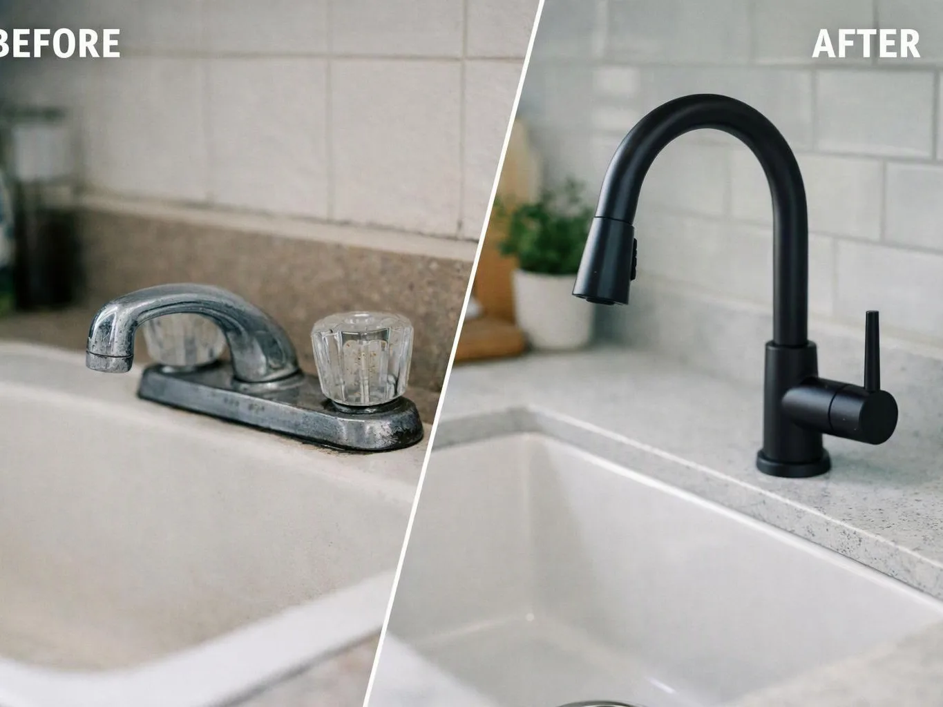 Split-screen kitchen sink faucet before and after, showing an old chrome tap replaced by a black gooseneck faucet