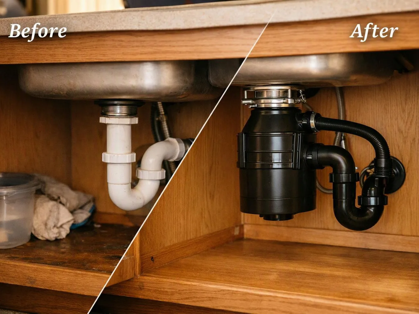 Split under-sink cabinet shows a white pipe before and a black garbage disposal after under a sink