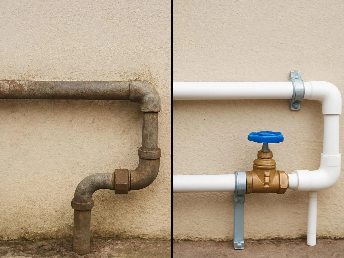 Split view of a rusted pipe beside a wall and the same pipe replaced with clean white piping and a blue valve handle