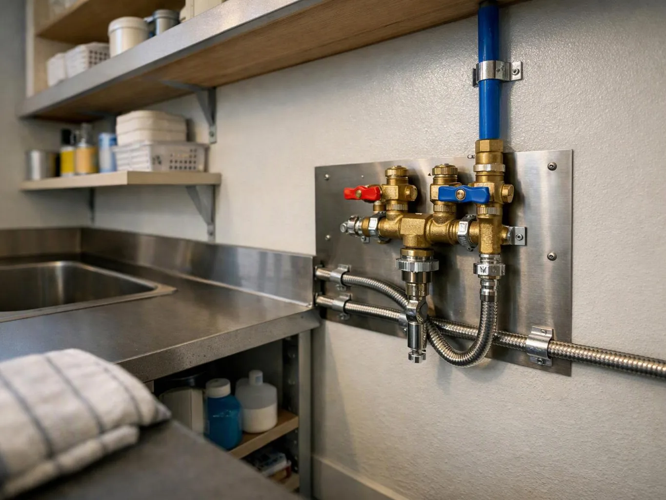 Stainless steel plumbing valves and blue pipes are mounted on a wall above a utility sink with shelves nearby