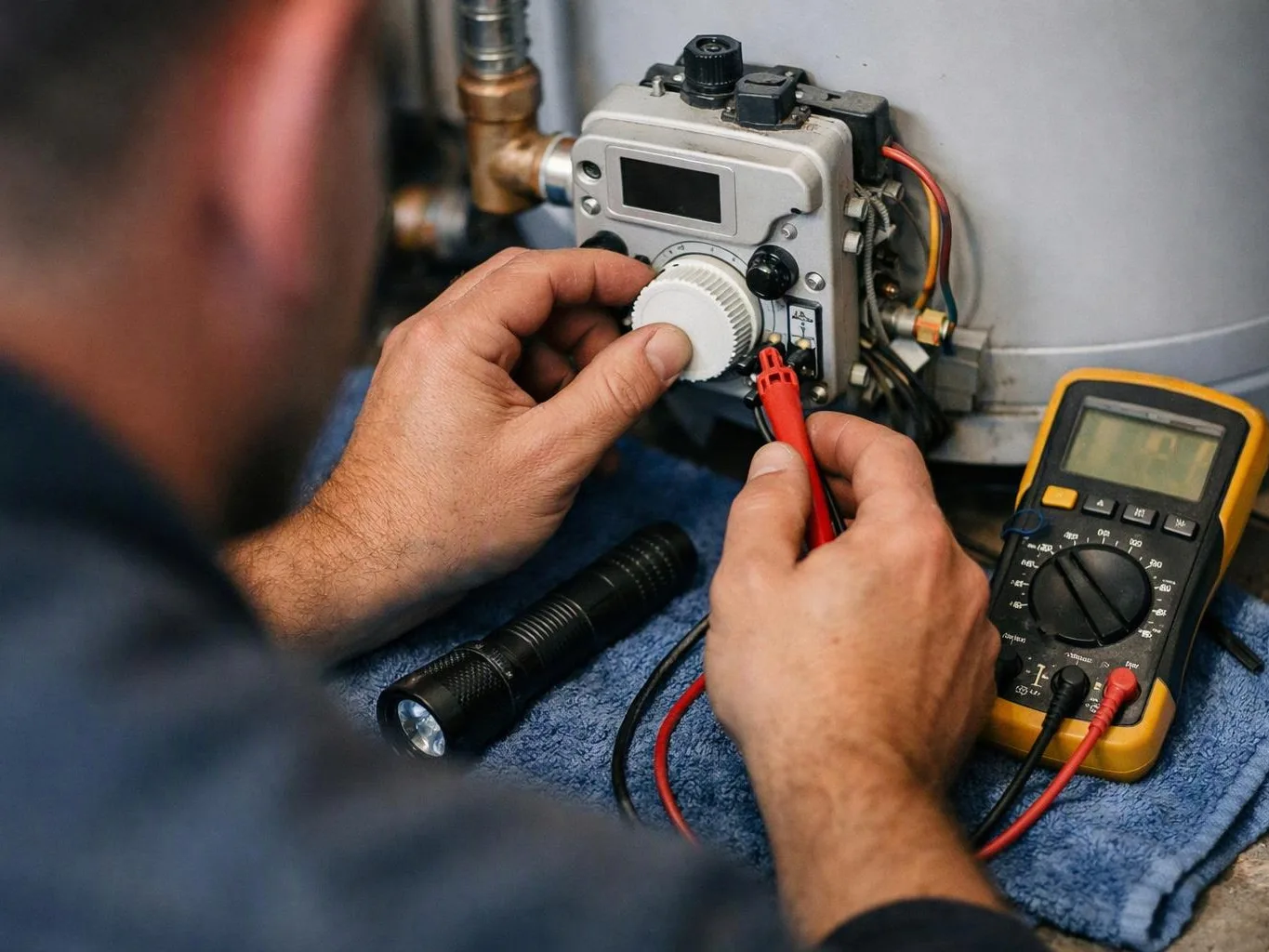 A technician adjusts a control knob on a metal device while testing it with a multimeter on a blue towel