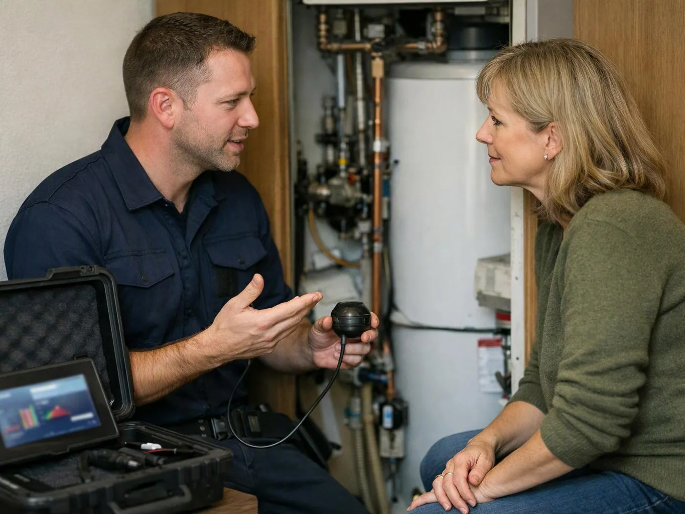 A technician explains a handheld device to a woman beside a water heater and pipes