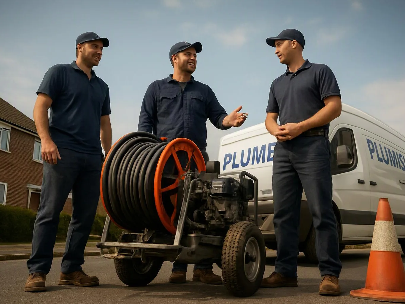 Three uniformed workers stand by a hose reel and service van on a street