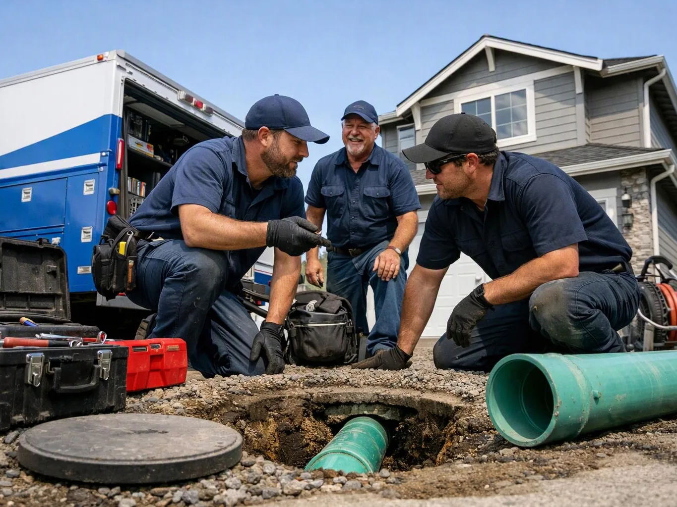 Three workers kneel by an open driveway pipe, with tools and a service truck beside a house