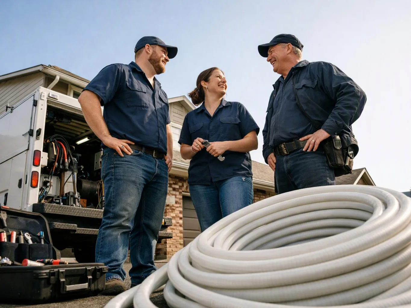 Three workers in navy shirts smile beside an open utility van, with coiled white hose in the foreground