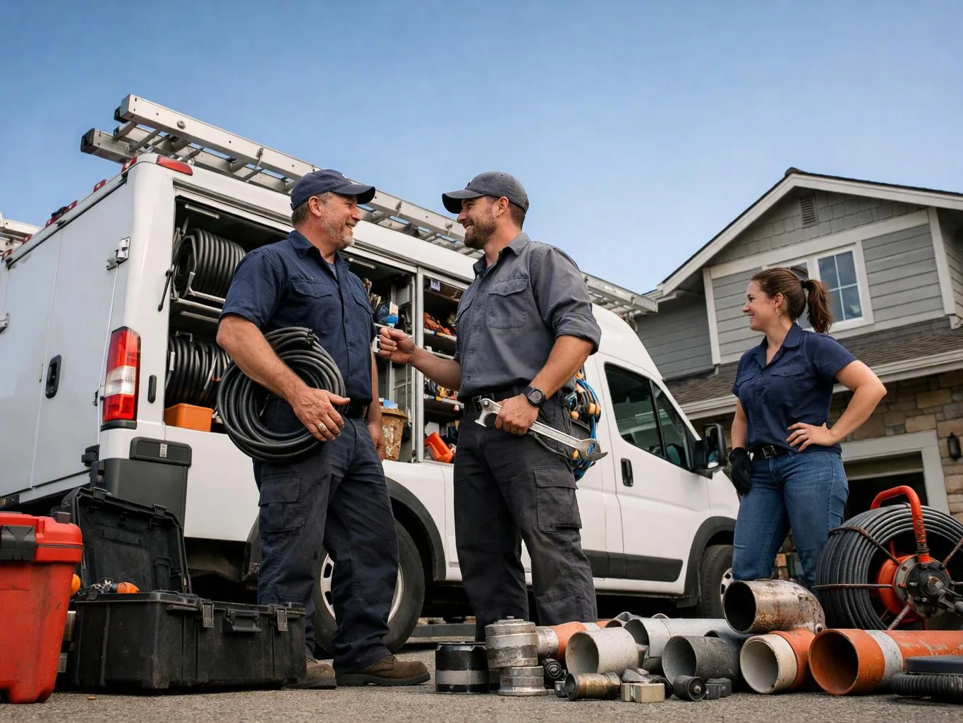 Three workers stand by a white service van with tools and pipes spread on the driveway outside a house