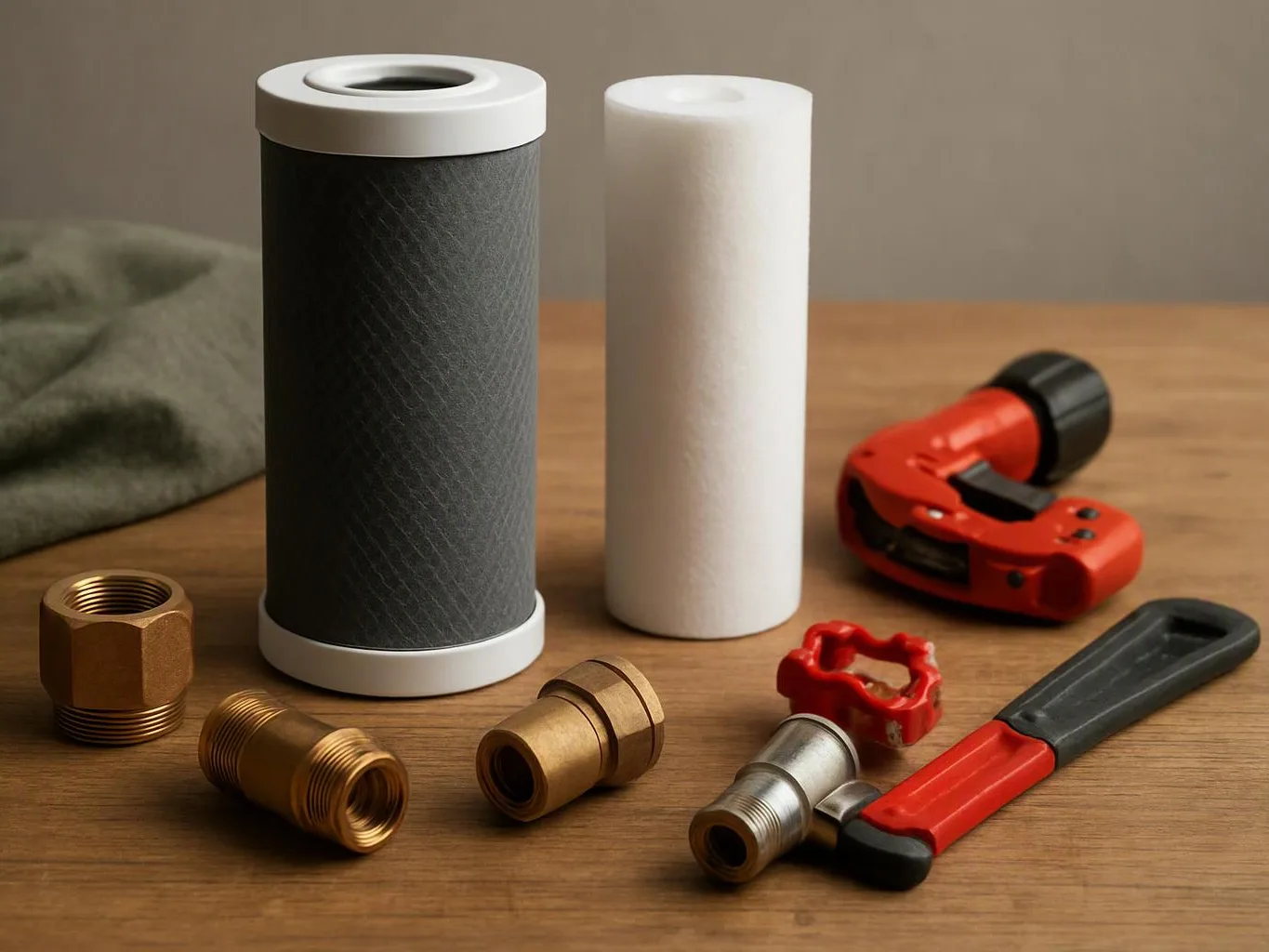 Two cylindrical filter cartridges and several brass plumbing fittings sit on a wooden table beside red pipe tools