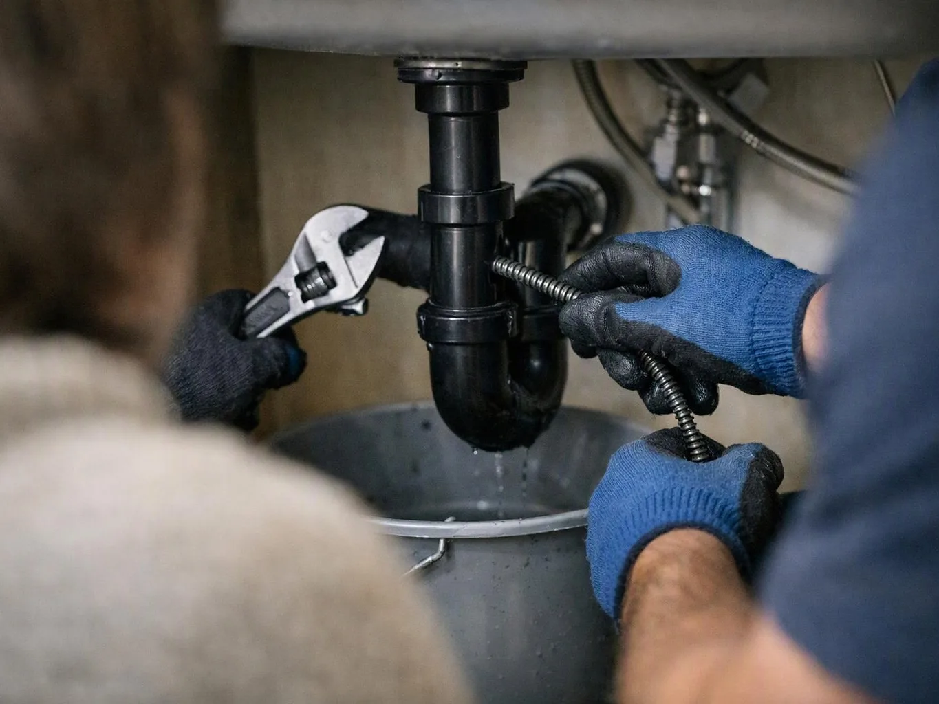Two gloved hands repair a black sink drain pipe with a wrench under a cabinet