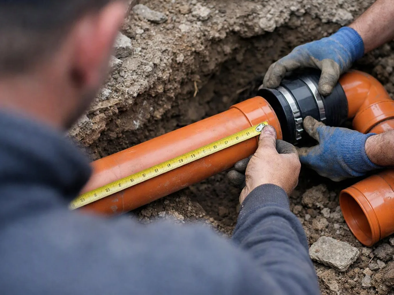 Two gloved workers measure an orange pipe with a tape measure in a dirt trench