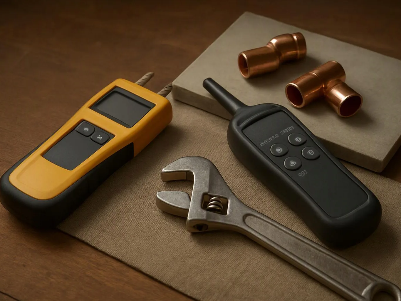 Two handheld testers, a wrench, and copper pipe fittings lie on a tabletop with fabric and cardboard backing