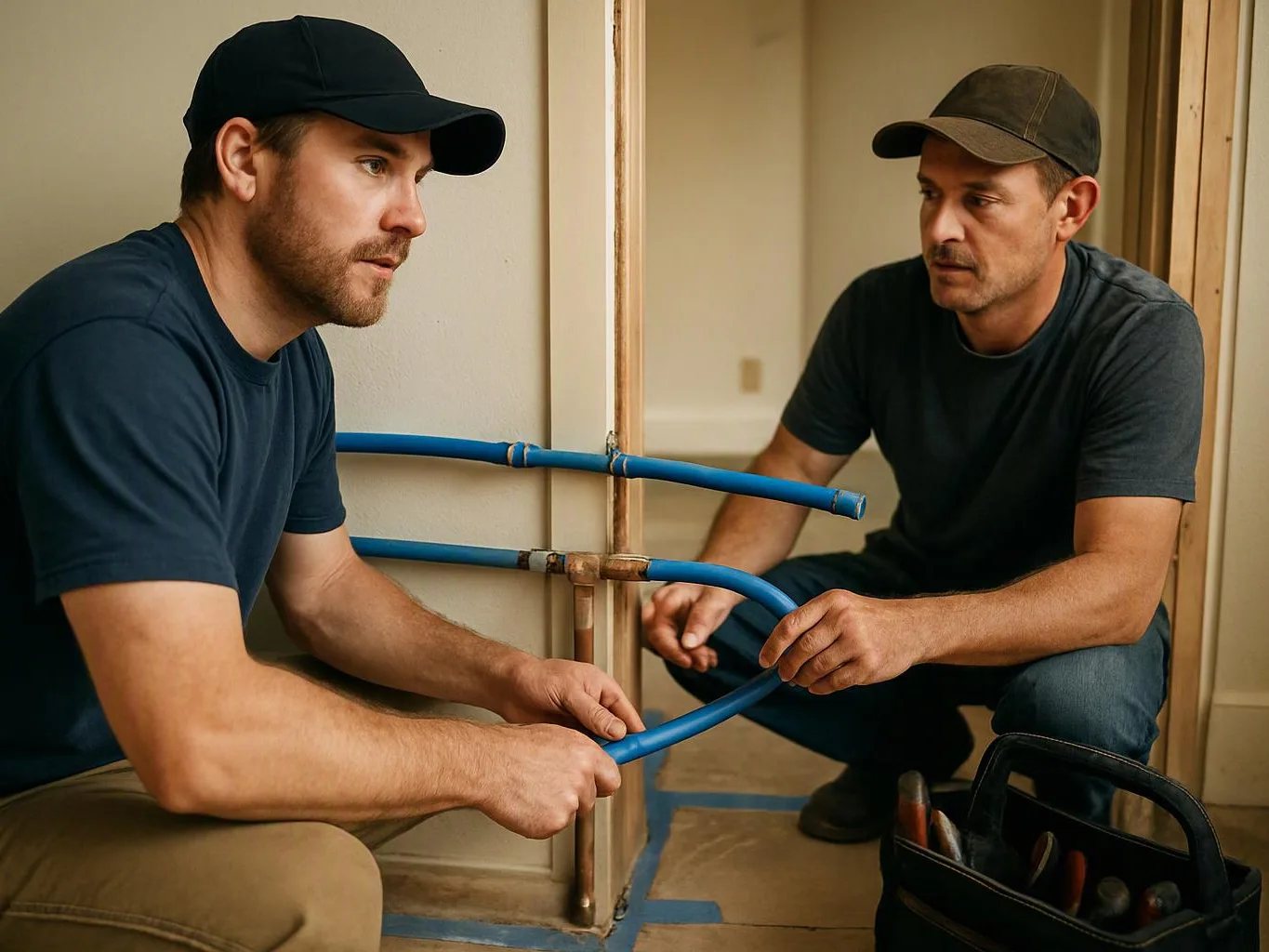 Two men in caps bend over blue pipes, working in an unfinished room with tools nearby