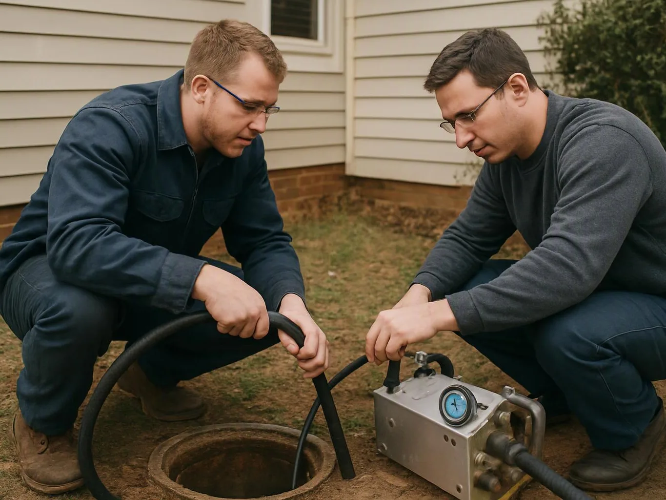 Two men crouch outside a house, feeding hoses into an open ground hole beside a pump unit