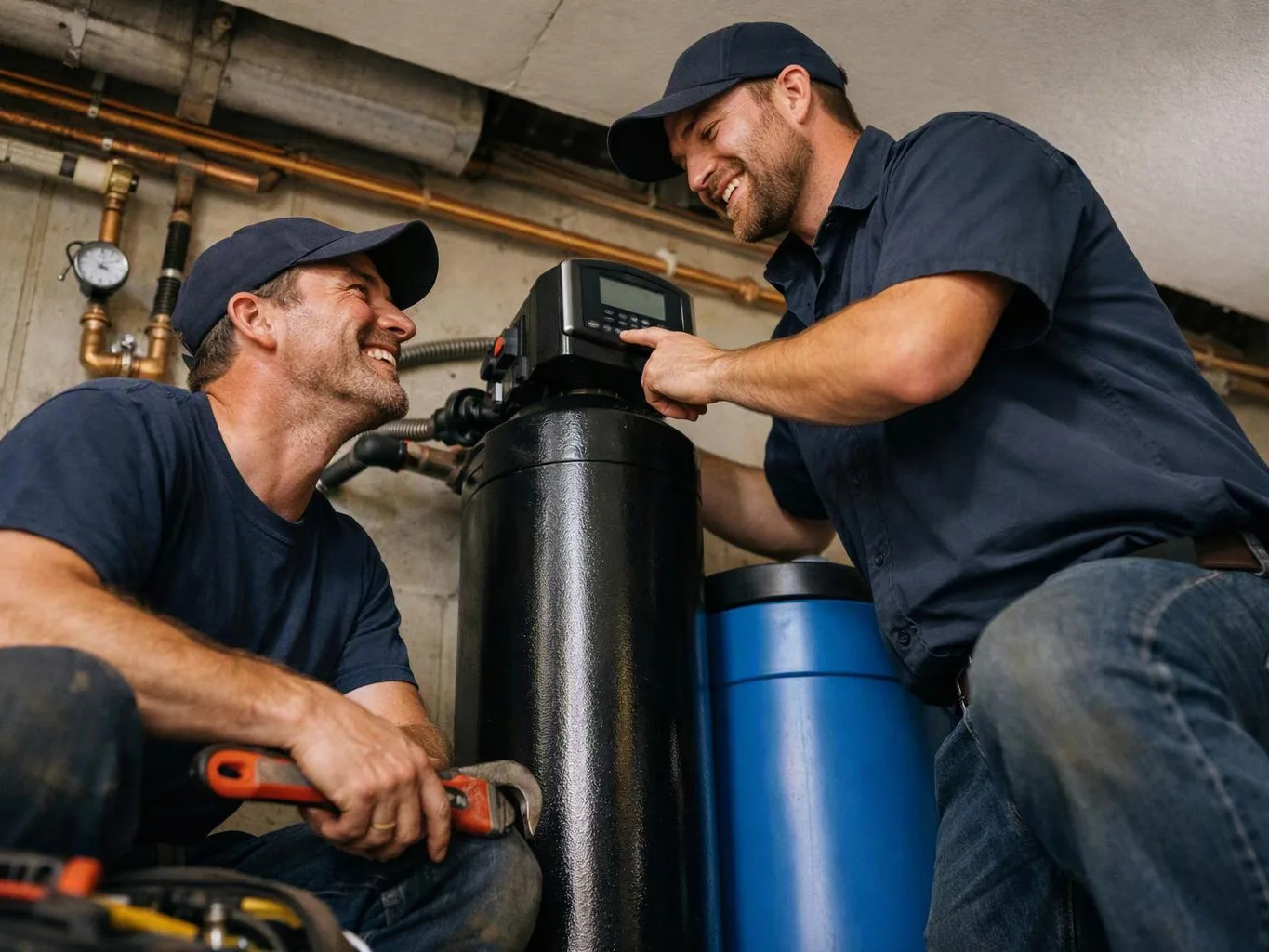 Two plumbers in navy uniforms inspect a water system in a basement, smiling beside tanks and pipes