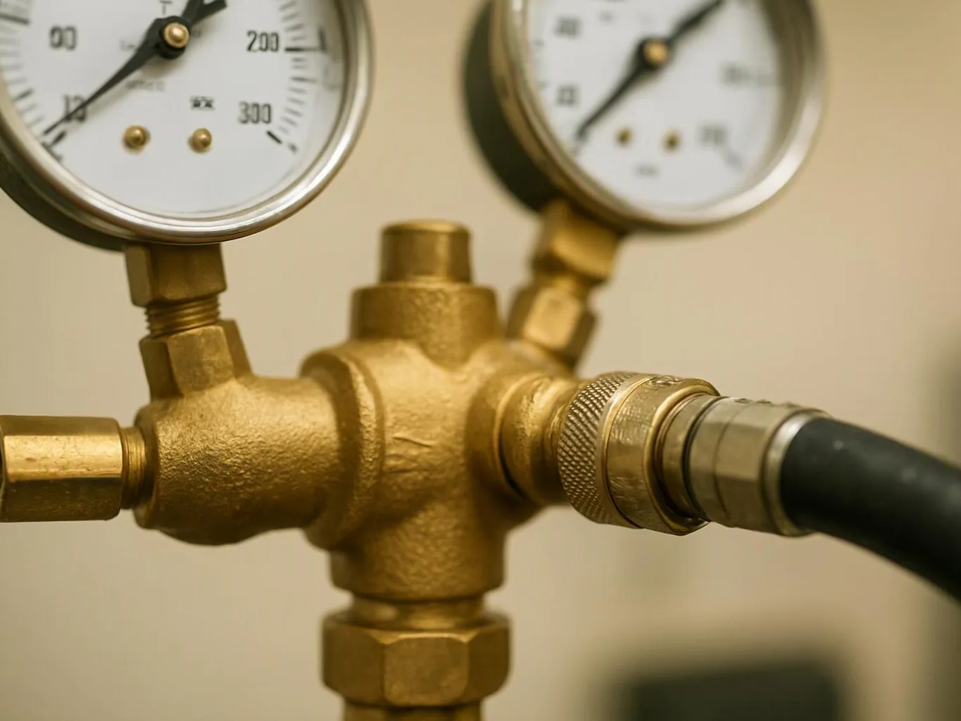 Two pressure gauges sit on a brass valve assembly with a black hose attached against a beige background