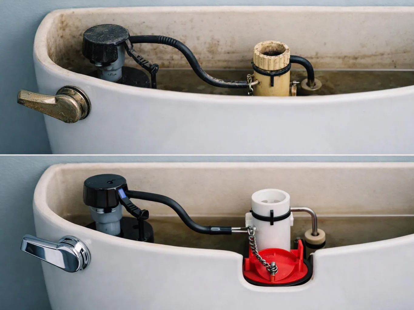 Two toilet tank interiors, the top dirty and the bottom cleaned with a red flush valve part visible