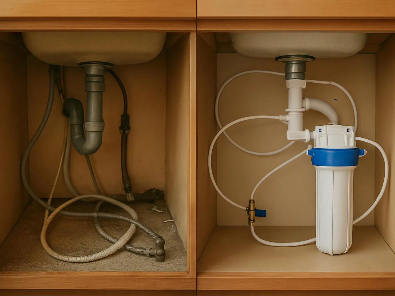 Two under-sink cabinets show plumbing, with the left side messy and the right side fitted with a white water filter system