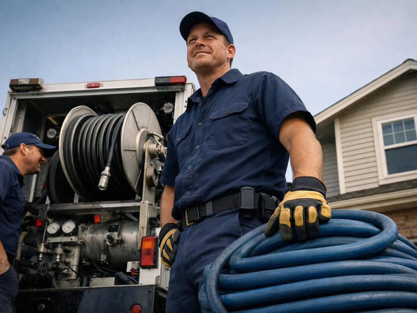 Two utility workers stand by a truck with a hose reel, one holding a coiled blue hose in a neighborhood driveway