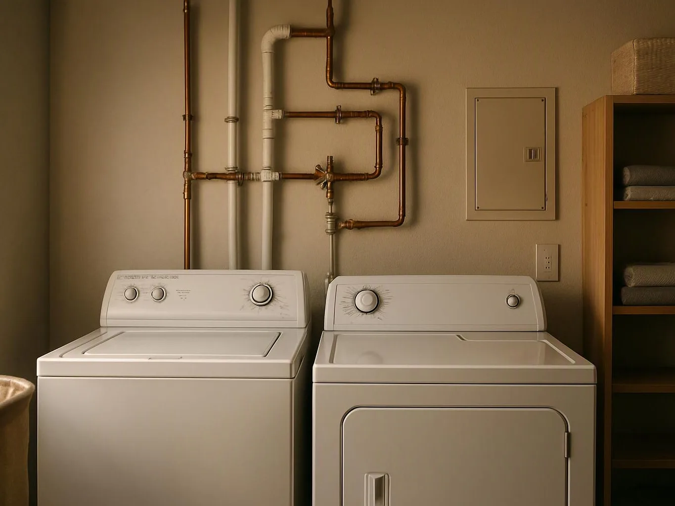 Two white laundry machines sit against a beige wall with exposed copper and white pipes above them