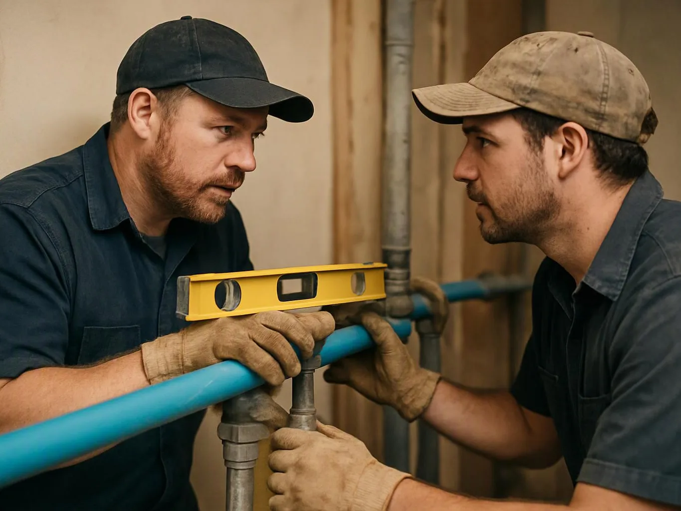 Two workers in caps and gloves align a blue pipe with a yellow level in a construction area