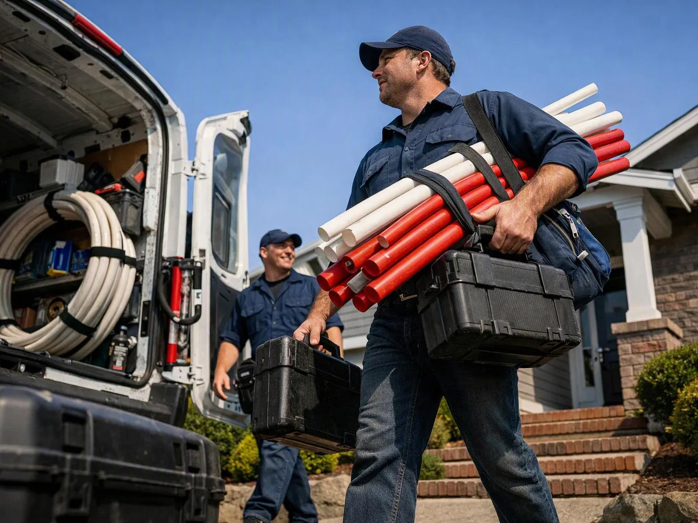Two workers carry bundled pipes and black tool cases beside an open van outside a house