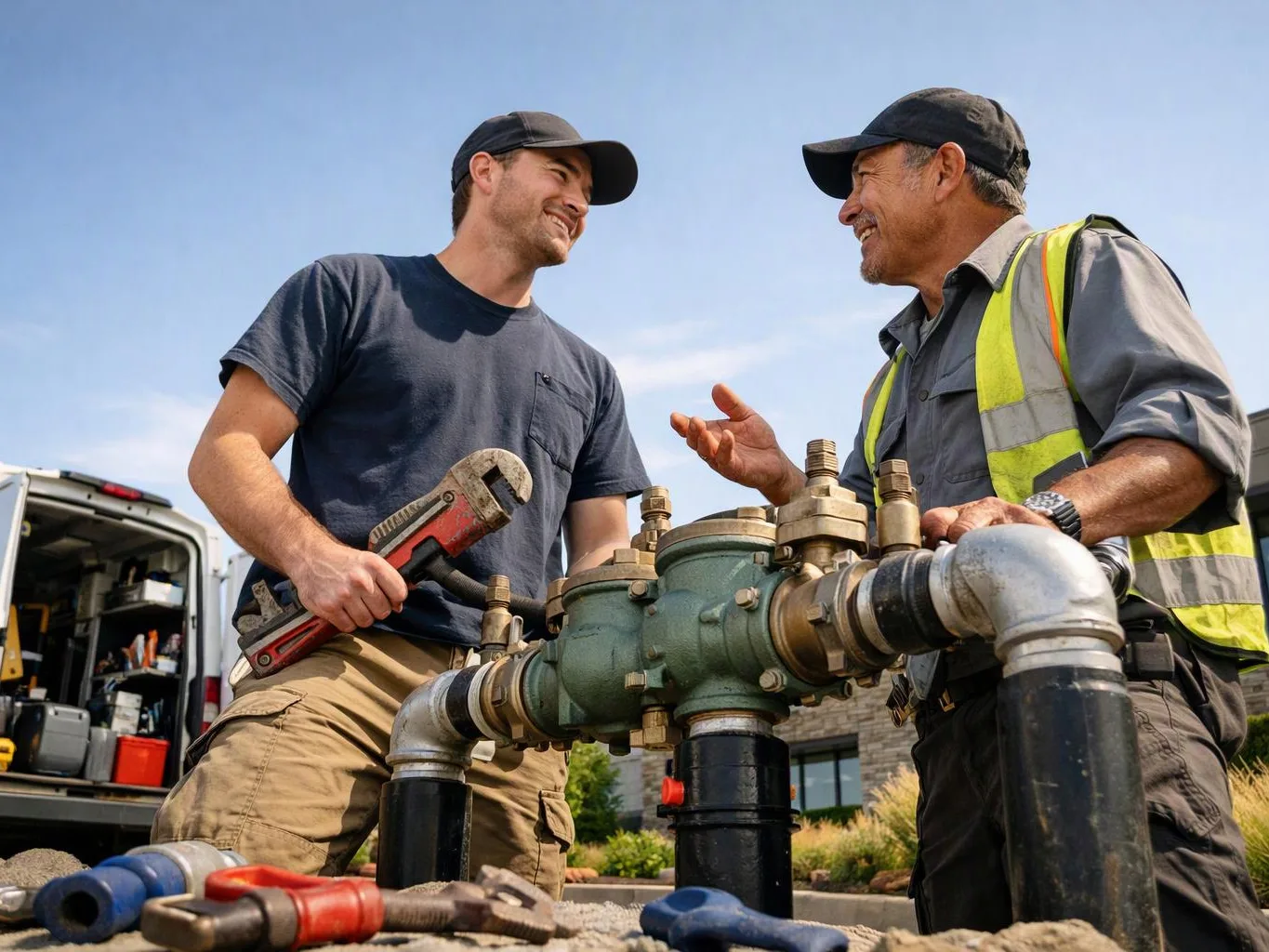 Two workers smile beside a large pipe valve outdoors, one holding a wrench while the other gestures and talks