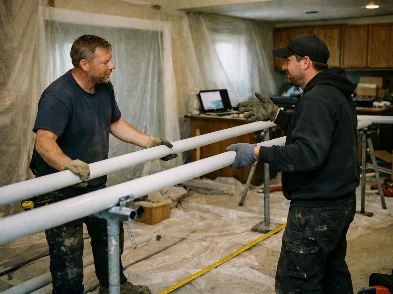 Two workers wearing gloves hold long white pipes in a plastic-covered workshop room