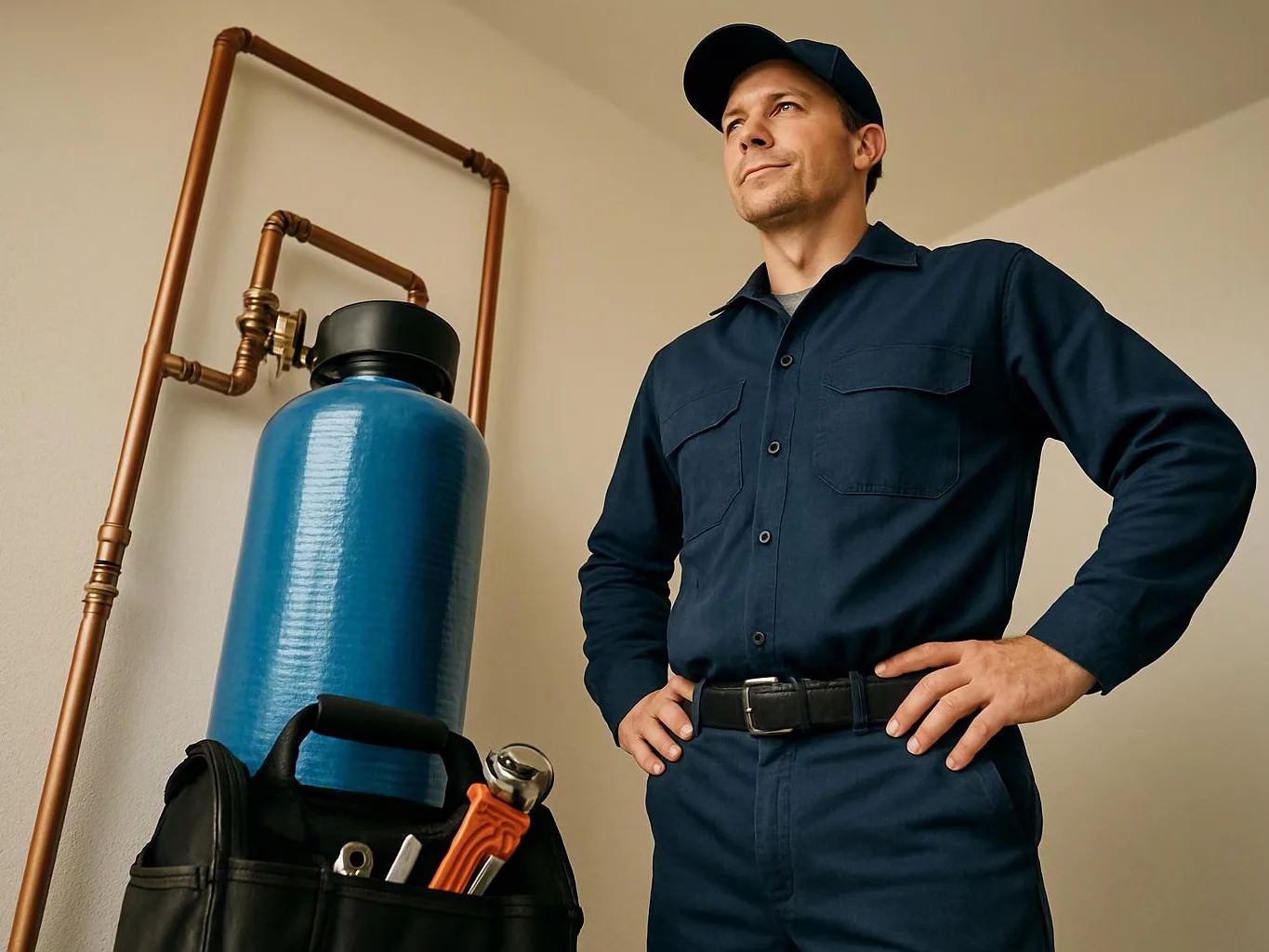 A uniformed plumber stands beside a blue water heater and copper pipes, with a tool bag in front of him